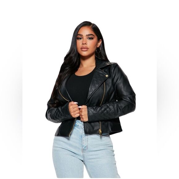NWT Black Moto Jacket Faux Leather Sz L - Picture 1 of 10